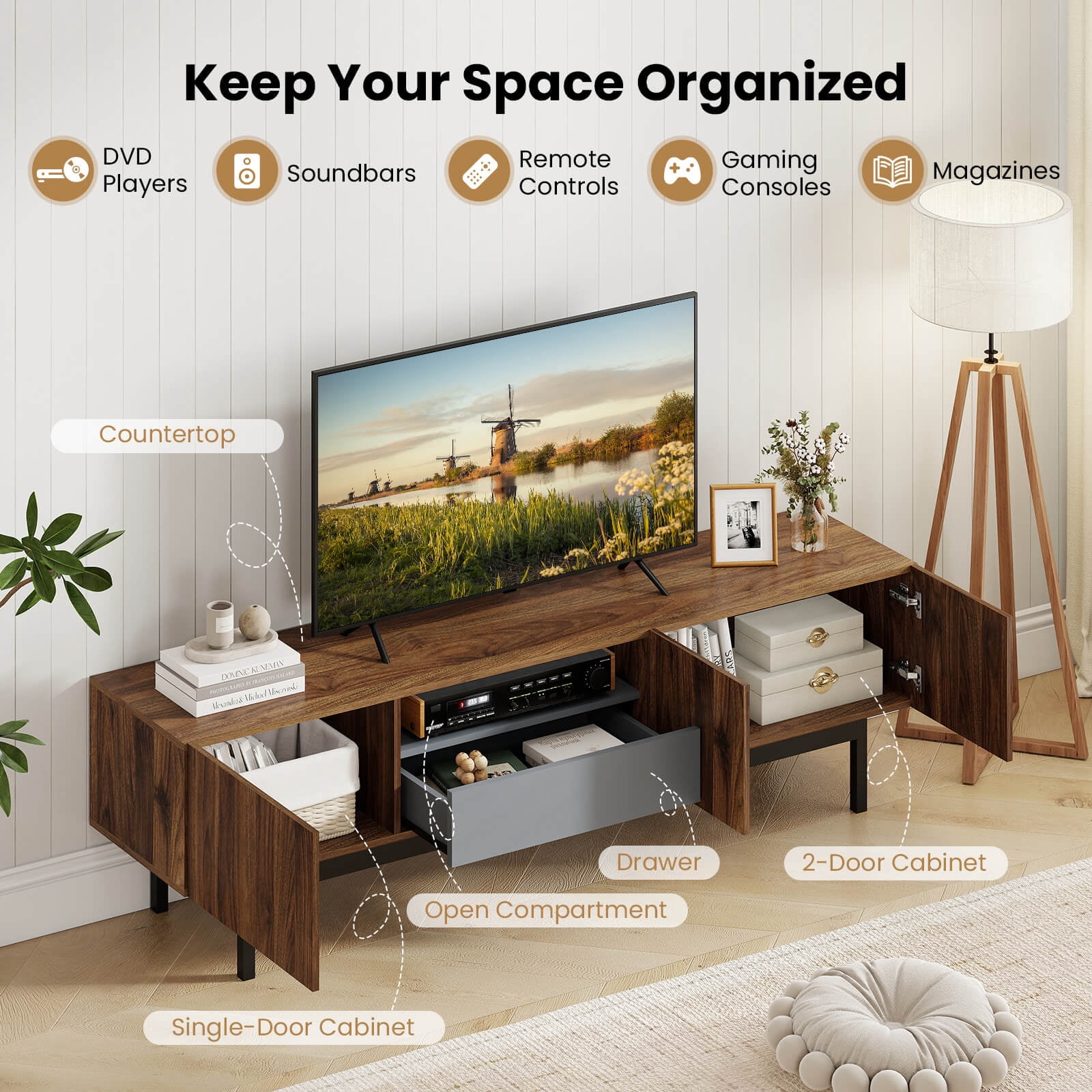 Costway TV Stand for TVs up to 80” with Drawer Cable Hole Metal Legs Entertainment Center