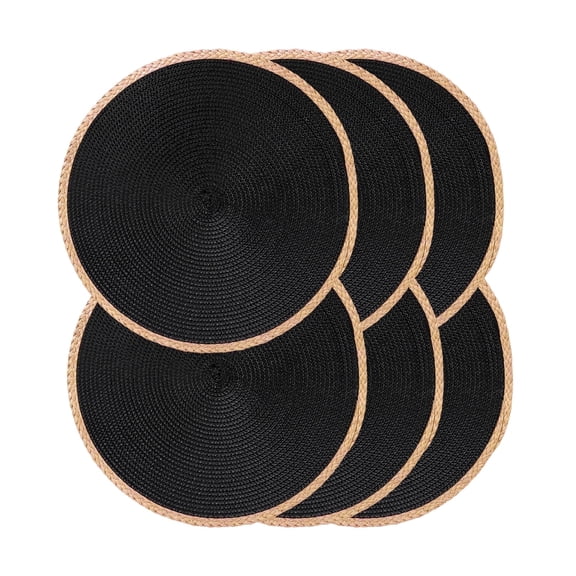 Mrehloy 15" Round Braided Placemats Set of 6, Black Woven Table Mats, Heat Resistant & Washable, Indoor Outdoor Kitchen Dining Decor