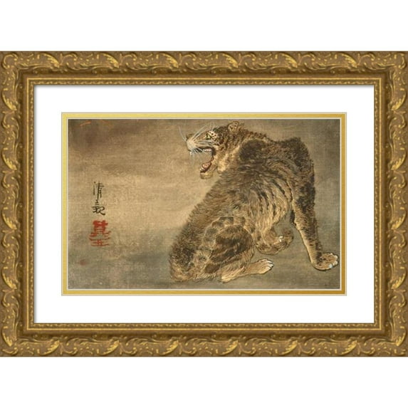 Kobayashi Kiyochika 14x11 Gold Ornate Wood Frame and Double Matted Museum Art Print Titled - Tiger and Lightning (Late 19th Century)