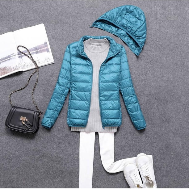 Chaqueta de plumón ligera con capucha y cremallera desmontable para mujer, abrigo corto ultrafino de otoño e invierno
