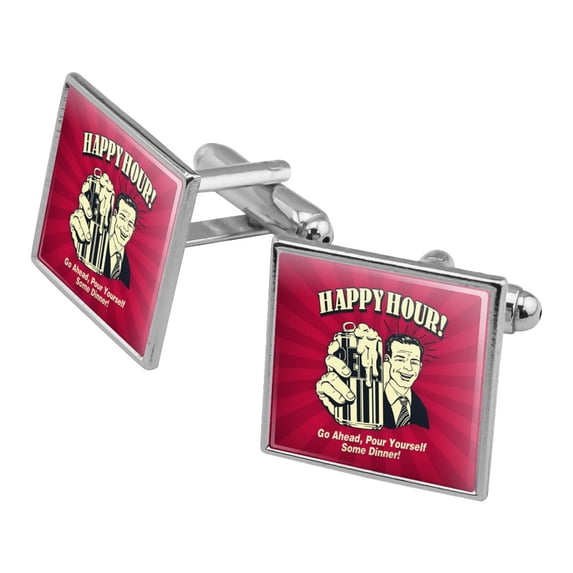 Happy Hour Go Ahead Pour Yourself Some Dinner Funny Humor Square Cufflink Set - Silver or Gold