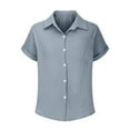 thumbnail image 4 of Tittly Button Down Shirts Shirts for Women Generisch Muslin Blouse Women's Summer Shirt Blouse Cotton Short Sleeve Linen Blouse Tops V Neck Long Blouse Tunic Short Sleeve Shirts Womens Shirts Grey M, 4 of 7
