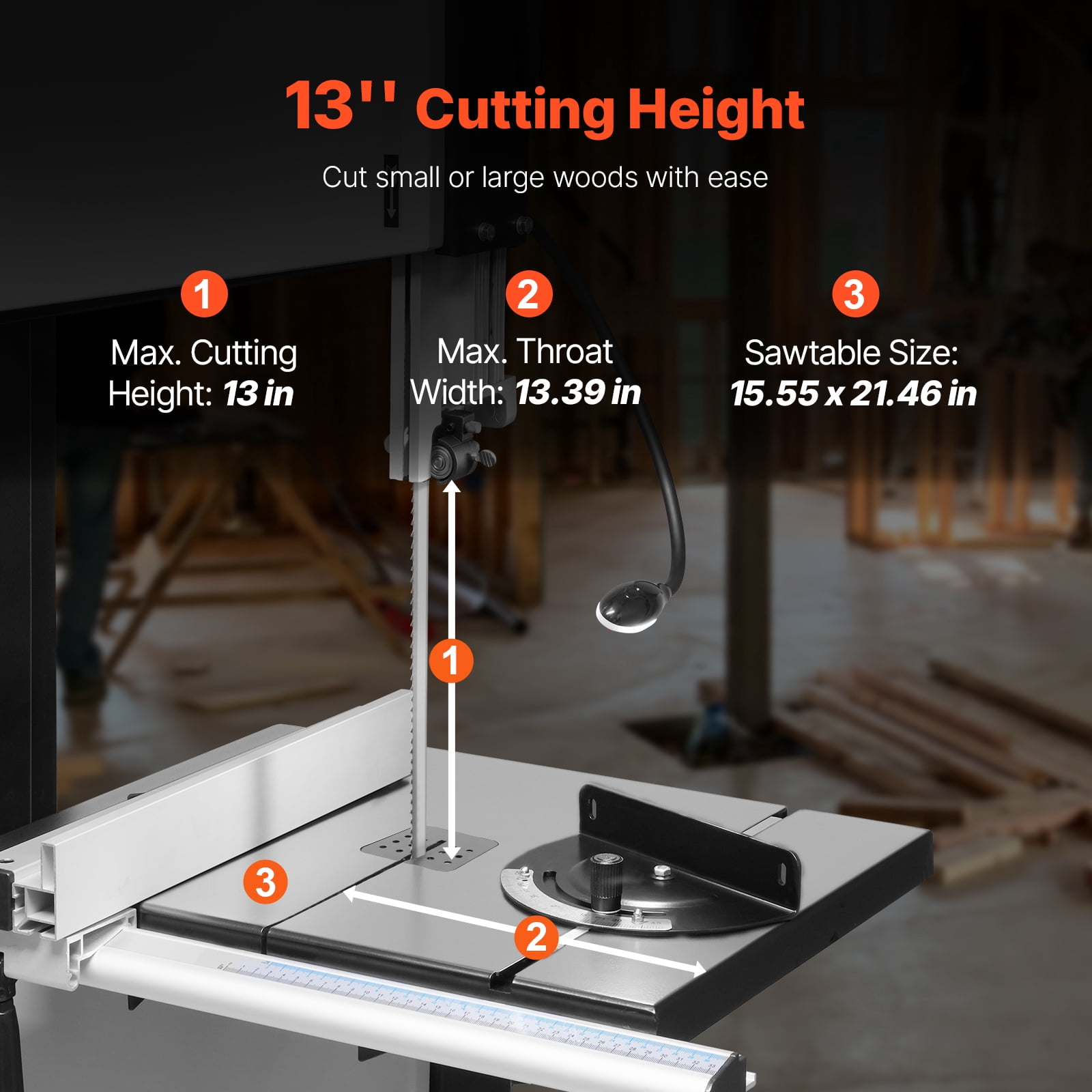 KFFKFF 13.39-Inch Band Saw with Stand, Adjustable Speed 440-846 RPM, 1100W 1-1/2HP Motor, 110V, Integrated Work Light, and Miter Gauge for Cutting Wood, Metal, Aluminum, and Copper