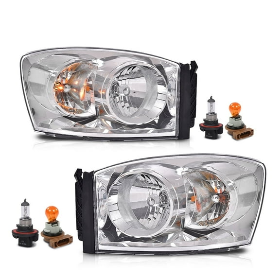 PIT66 Headlights w/Bulbs Clear Lens Chrome Housing Clear Reflector LH&RH Fit for Dodge Ram 1500 2006-2008/Dodge Ram 2500 3500 Truck 2006-2009 Headlamps 68003125AD, 68003124AD, CH2502180, CH2503180