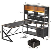 SEDETA L Shaped Gaming Desk, Home Office Computer Desk with 2 Drawer and Bookshelf, L Shaped Gaming Desk with LED Light, Glass Cabinet and Storage Bag, Corner Desk with Storage Shelves, Black