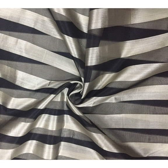 100% silk organza beige and black stripes fabric 54" by the yard [11073]