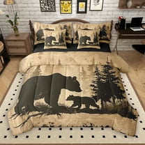 Manfei Brown Bear Adult 7-Piece Bedding Comforter Set, Rustic Animal Wildlife King Bedding Sets, Vintage Countryside Reversible Bed Sheets, Lightweight Room Decor