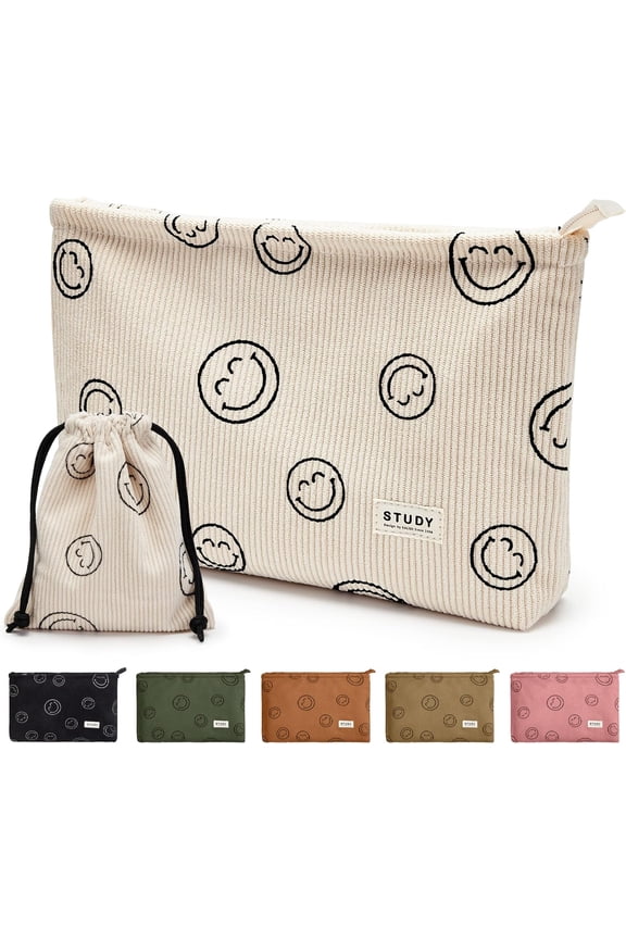 WLLWOO Makeup Bag-2pcs Smile Face Corduroy Cosmetic Bag Zipper Interior Waterproof Pencil Case Coin Purse Travel Toiletry Small Makeup Pouch For Women