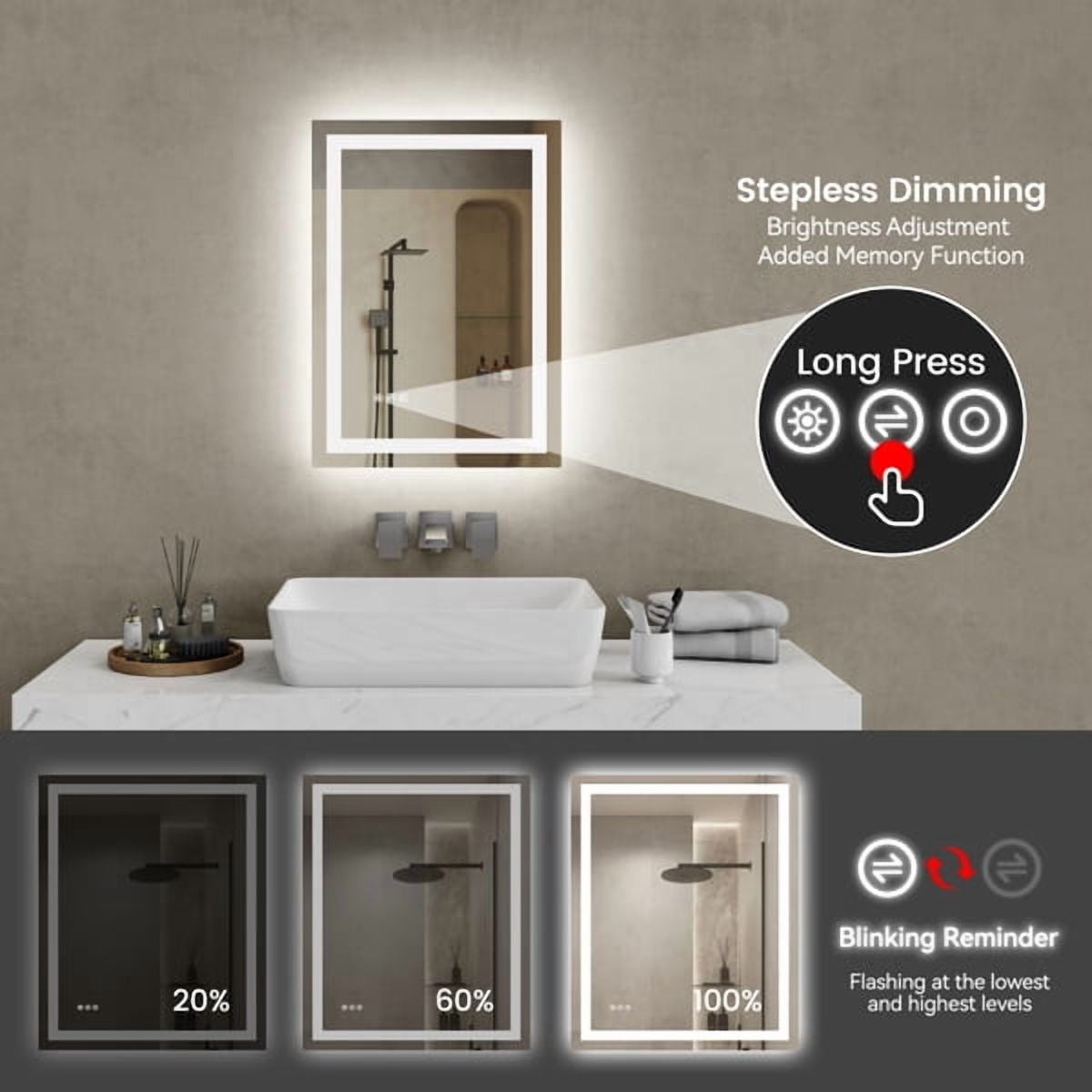 20"x28" LED Bathroom Mirror - Front/Back Lit Vanity Mirror with 3 Color Temp, Anti-Fog & Dimmable Memory Function for Modern Bathrooms
