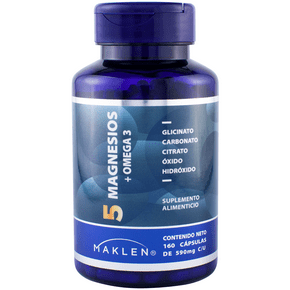 5 Magnesios | Glicinato, Citrato, Carbonato, Hidróxido, Óxido y Omega 3 | 160 Cápsulas de 590mg | Formula Mineral Premium de Alta Biodisponibilidad | MAKLEN