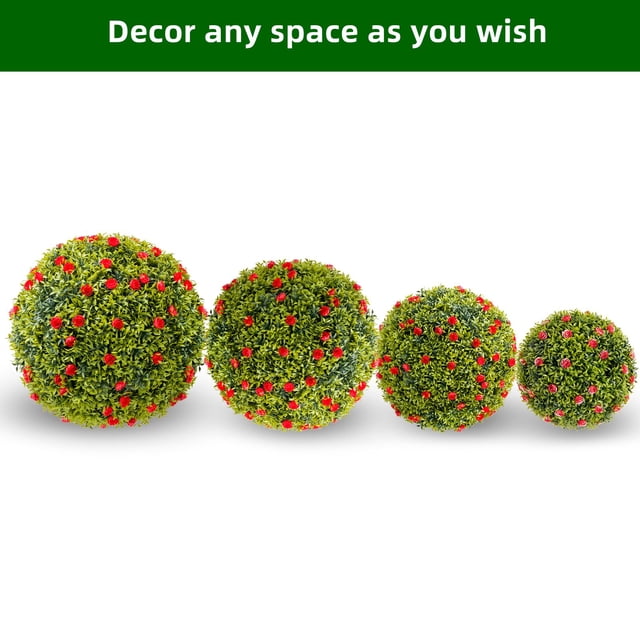 Boules Topiaires en Faux Buis avec Fleurs Rouges – Grande Verdure Artificielle Décorative pour la Décoration Intérieure et Extérieure de la Maison, sur Table Ou à Suspendre, Porche, Mariage – Ensemble de 2, Diamètre 42 cm, Rouge
