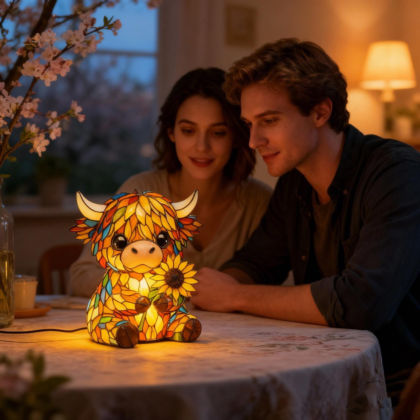 Cute Highland Cow Resin Stained Glass Night Light - 3D Table Lamp for Bedside, Desk, N-ursery, Warm White Mood Light, Unique Gift for Valentine's Day, Birthday, Anniversary, Cow Lover Decor