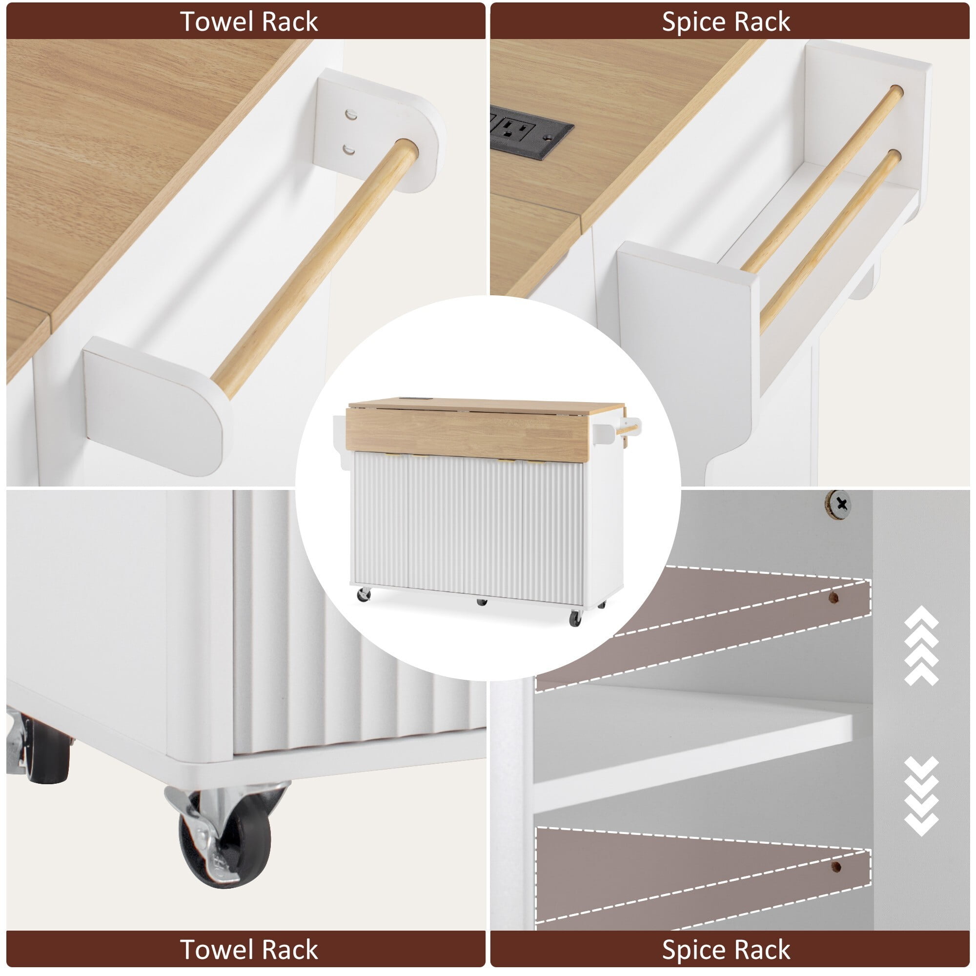 AENKYO 55" Kitchen Island with Drop Leaf & Charging Station, Mobile Storage Serving Cart with Wheels, White