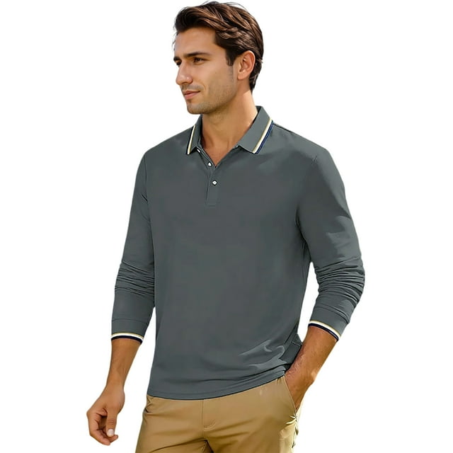 Adult Men's Polo Shirts Long Sleeve Button Tee Shirt Basic Gray Golf Tops