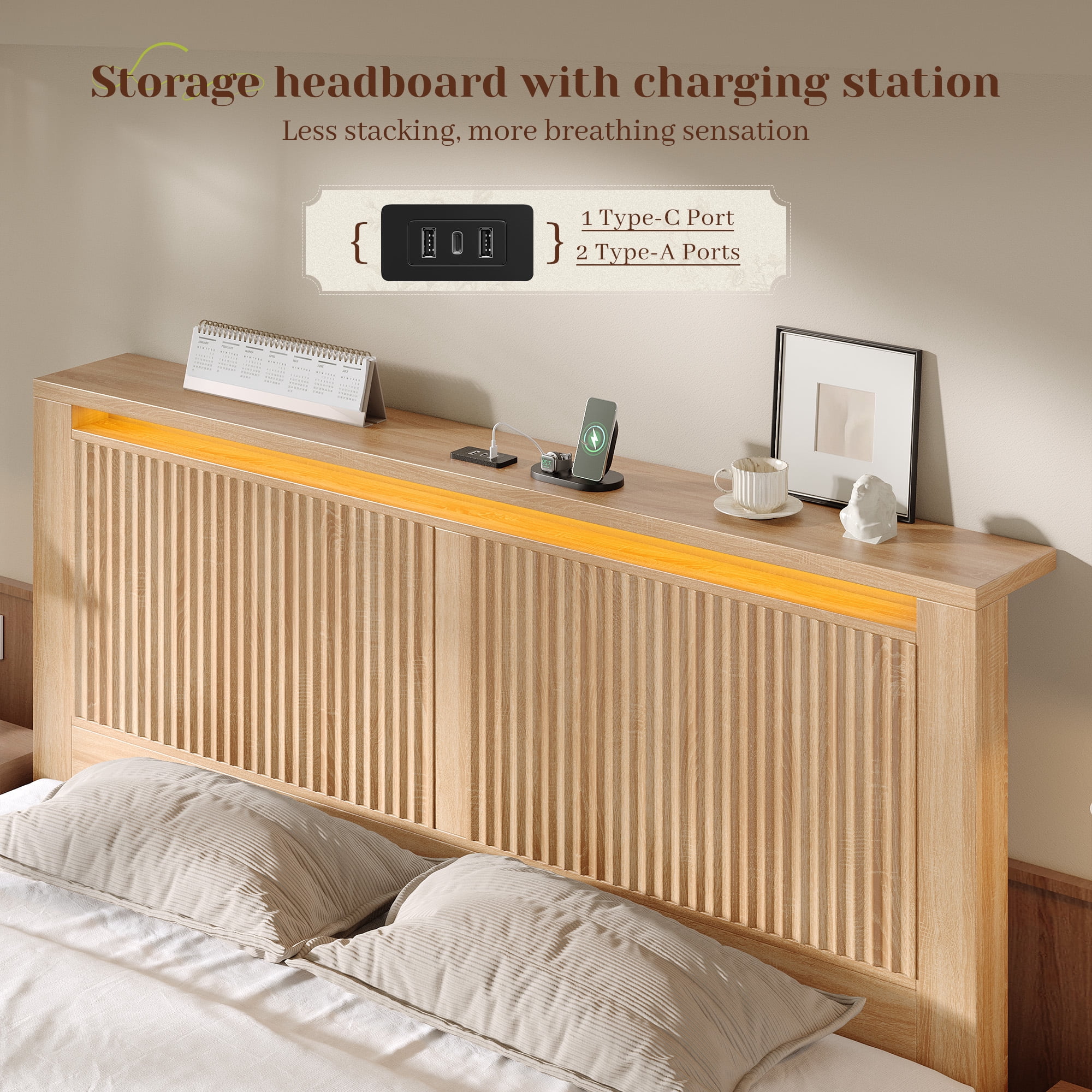 EnHomee Wood Bed Frame Queen with Headboard Bed Frame with Storage Shelf and Drawers Farmhouse Bed Frame with 2 Drawers & Charge Station & LED Light, Rustic Oak
