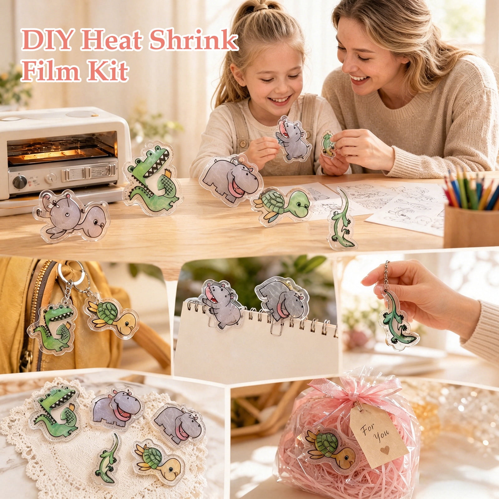 221 Piece Shrinky Dink Sheets Paper Keychain Kit – with Hole Punch, Keychains & Tassels for Key Ring & Earring Craft
