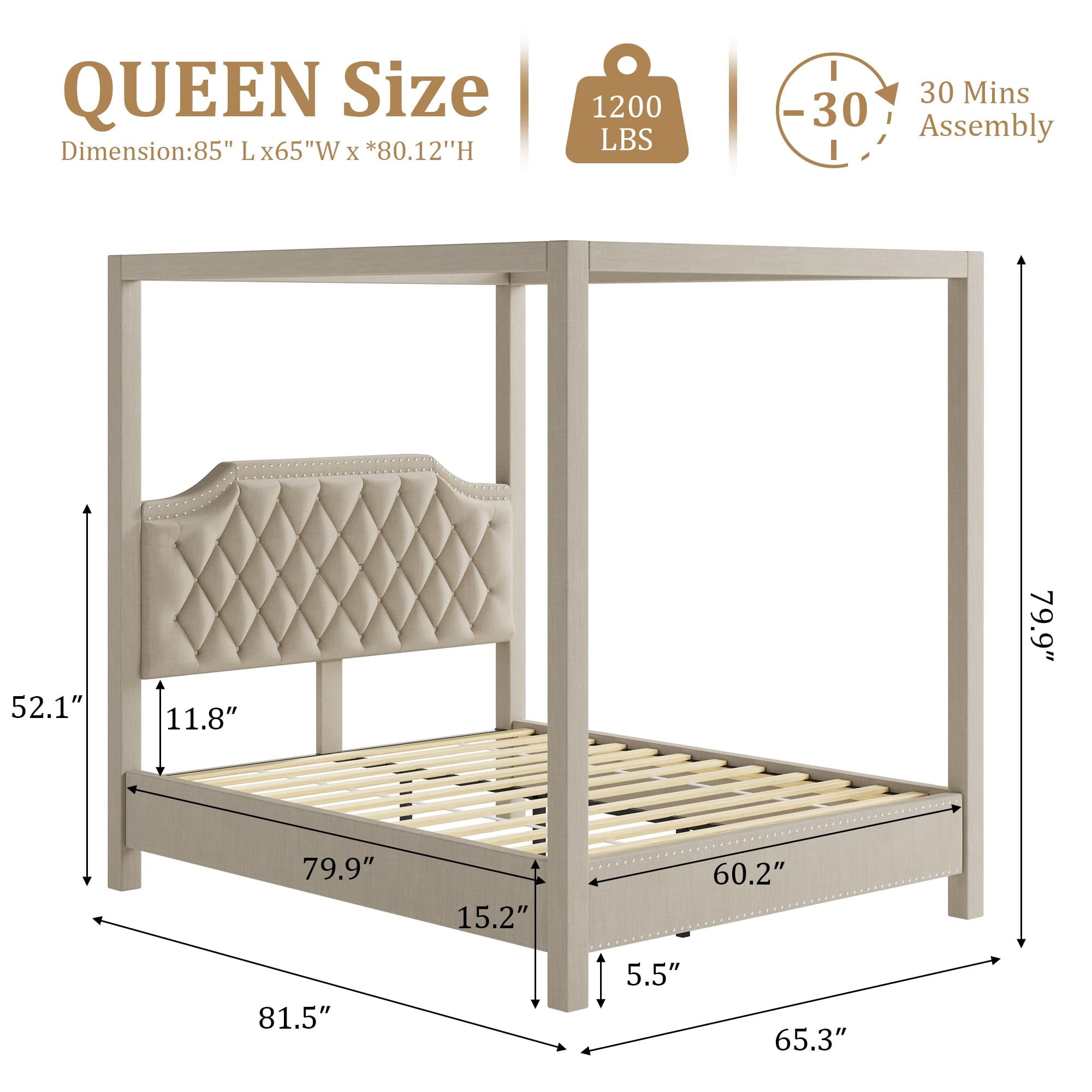 Queen Size Canopy Bed Frame with Nailhead Decoration Headboard，Upholstered Bed Frame with Poles 4 Corner Bed Bracket,Solid Wood Slats Support,Beige