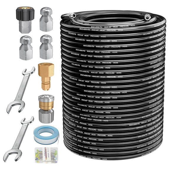 POHIR Sewer Jetter Kit 150FT for Pressure Washer 4000PSI Hydrojet Drain Cleaning Kit with Button Nose 1/4 Inch NPT Rotating Sewer Jet Nozzle Spanner