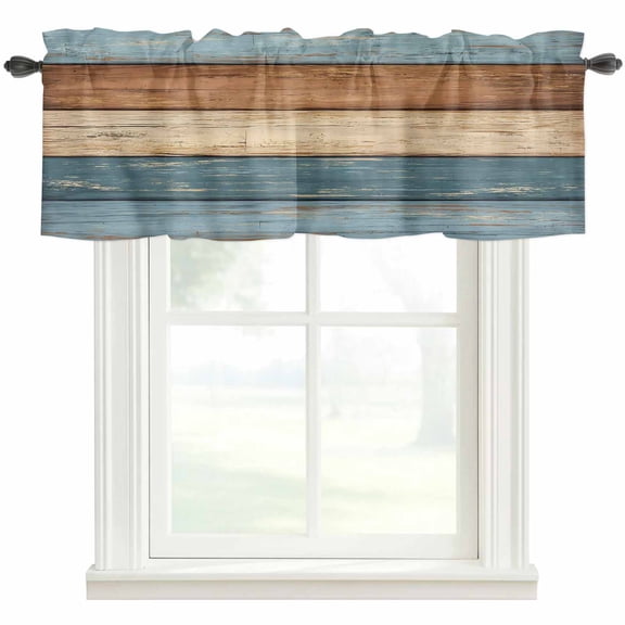 Farmhouse Blue Brown Rod Pocket Curtain Valance, Vintage Wooden Striped Farmhouse Window Valance for Living Room, Bedroom, Kitchen 42"W x 18"L