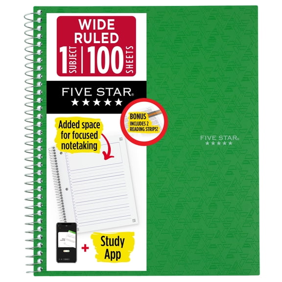 Five Star Focused Learning Notebook Plus Study App, 1 Subject, 8" x 10.5", Retro Green, Spiral