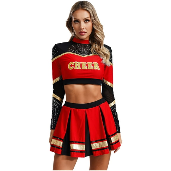 iiniim 2Pcs Women Cheer Leader Outfit Long Sleeve Sequins Crop Top Skirt Set Schoolgirl Cheer Uniform Red L