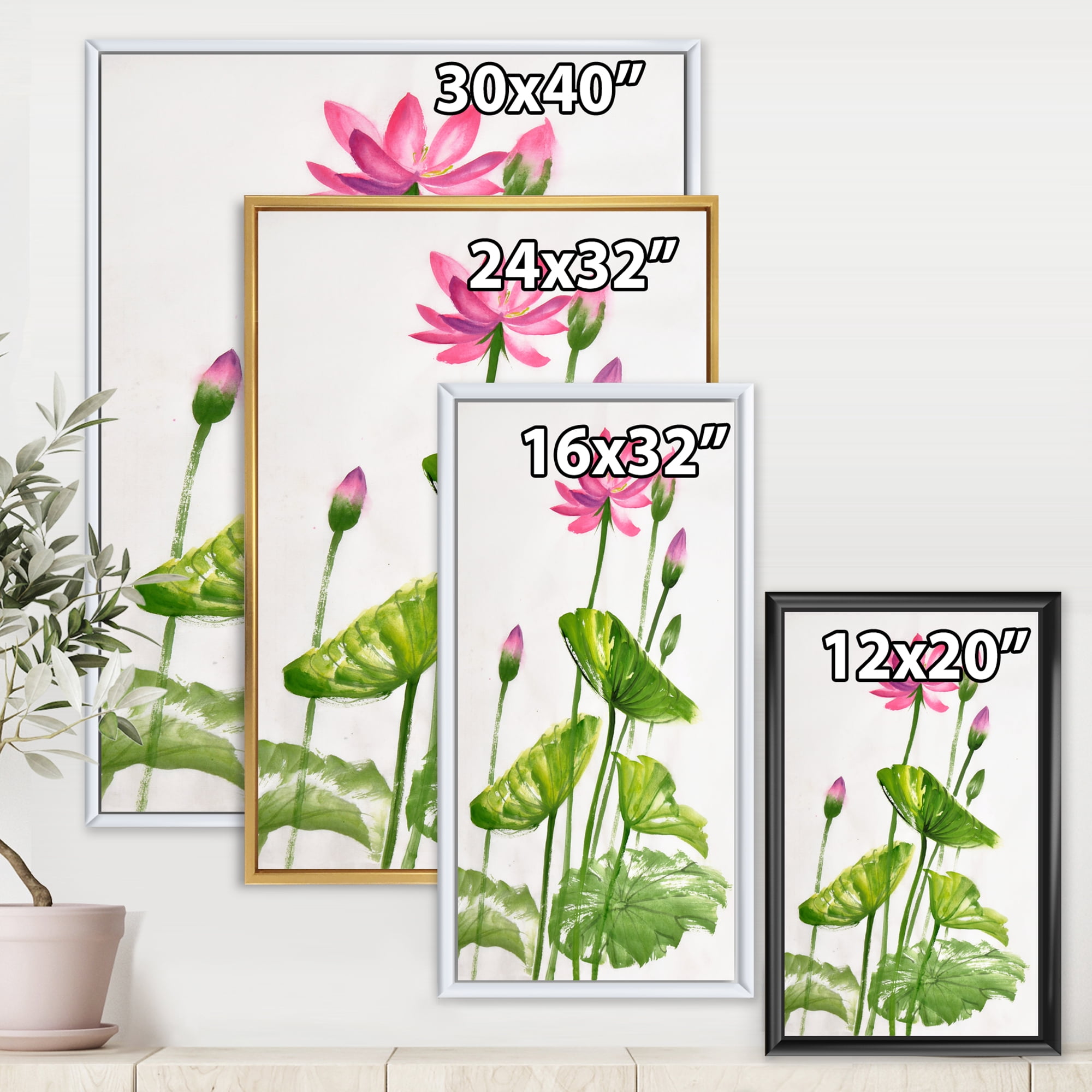 Designart 'Pink Vintage Lotuses In The Pond VII' Traditional Framed Canvas Wall Art Print