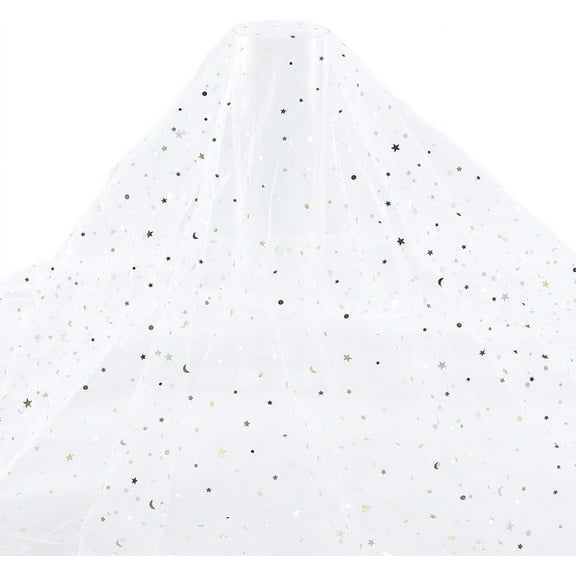 White Glitter Tulle Fabric Rolls 59 Inch x 5 Yards (1.5x4.5m) Star Moon Sequin Tulle Ribbon Netting Fabric for Tutu Dress Sewing Birthday Wedding Party Decoration