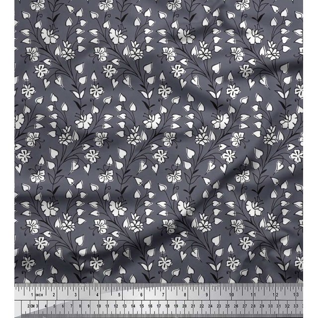 Soimoi Moss Georgette Fabric Leaves & Floral Block Printed Fabric 1 Yard 42 Inch Wide
