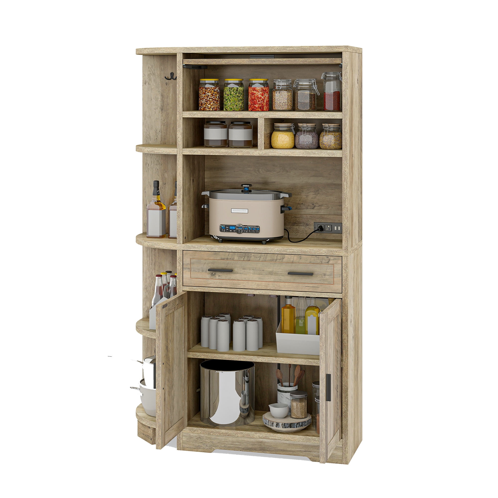 Uforic 67"H Pantry Storage Cabinet with Power Outlets, Kitchen Cabinet with Doors & Drawer, Ash Gray