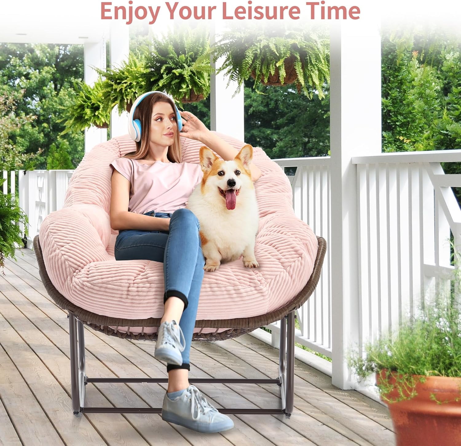 MOONMISS Outdoor Patio Rattan Oversized Rocking Chairs Set of 2 with Corduroy Padded Cushion-Pink