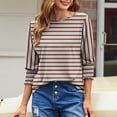 thumbnail image 3 of Women Striped T Shirts Smocked Cuffs 3/4 Sleeve Tops Round Neck Loose Casual Pullover Fall Summer Tees (M, Brown 01), 3 of 6