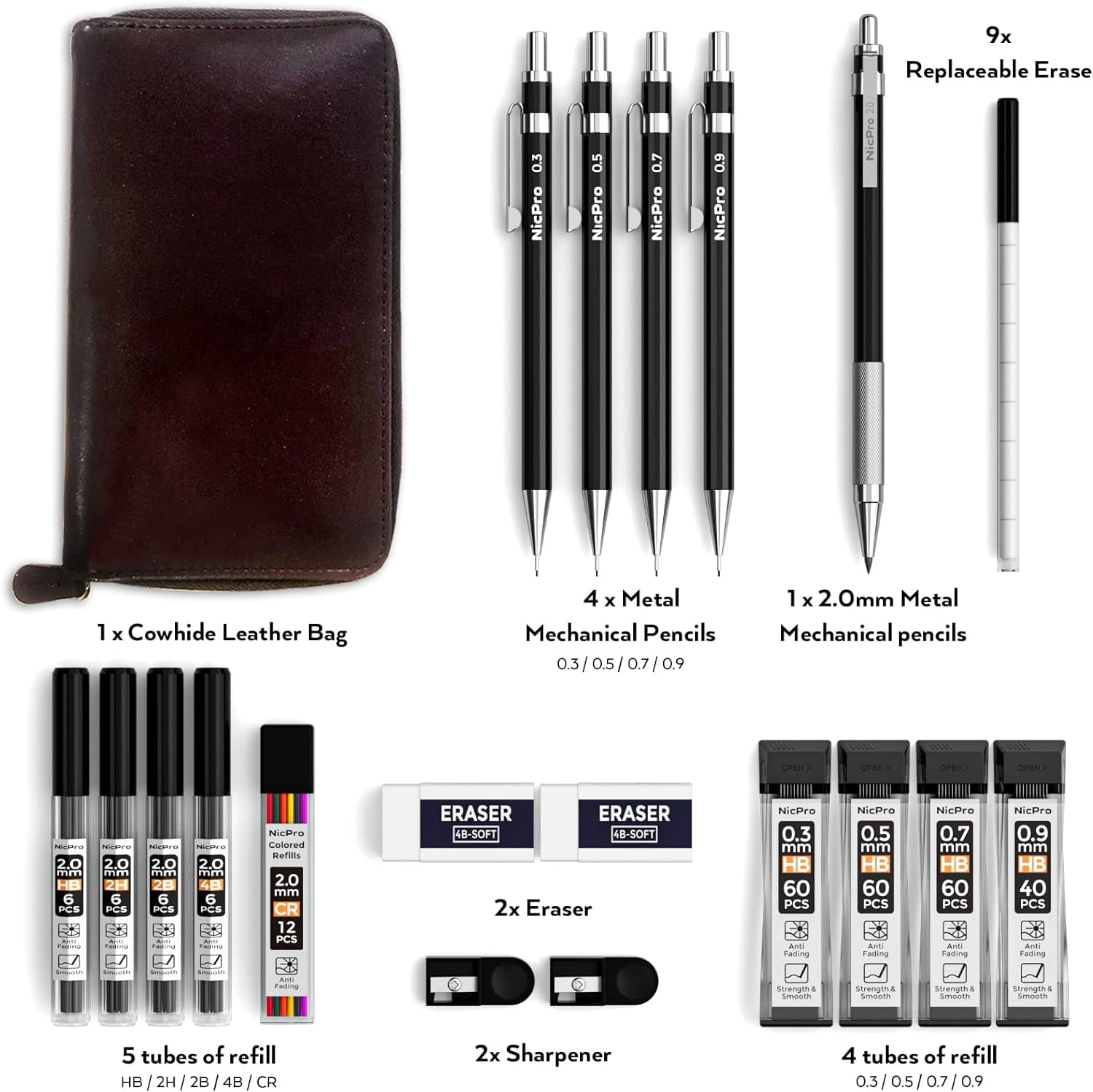 Nicpro 5 Pcs Black Metal Mechanical Pencil Set in Leather Case, 0.3, 0.5, 0.7, 0.9 mm & 2mm Lead Pencil Holders, (4B 2B HB 2H) Lead Refills (Black & Colors), Erasers