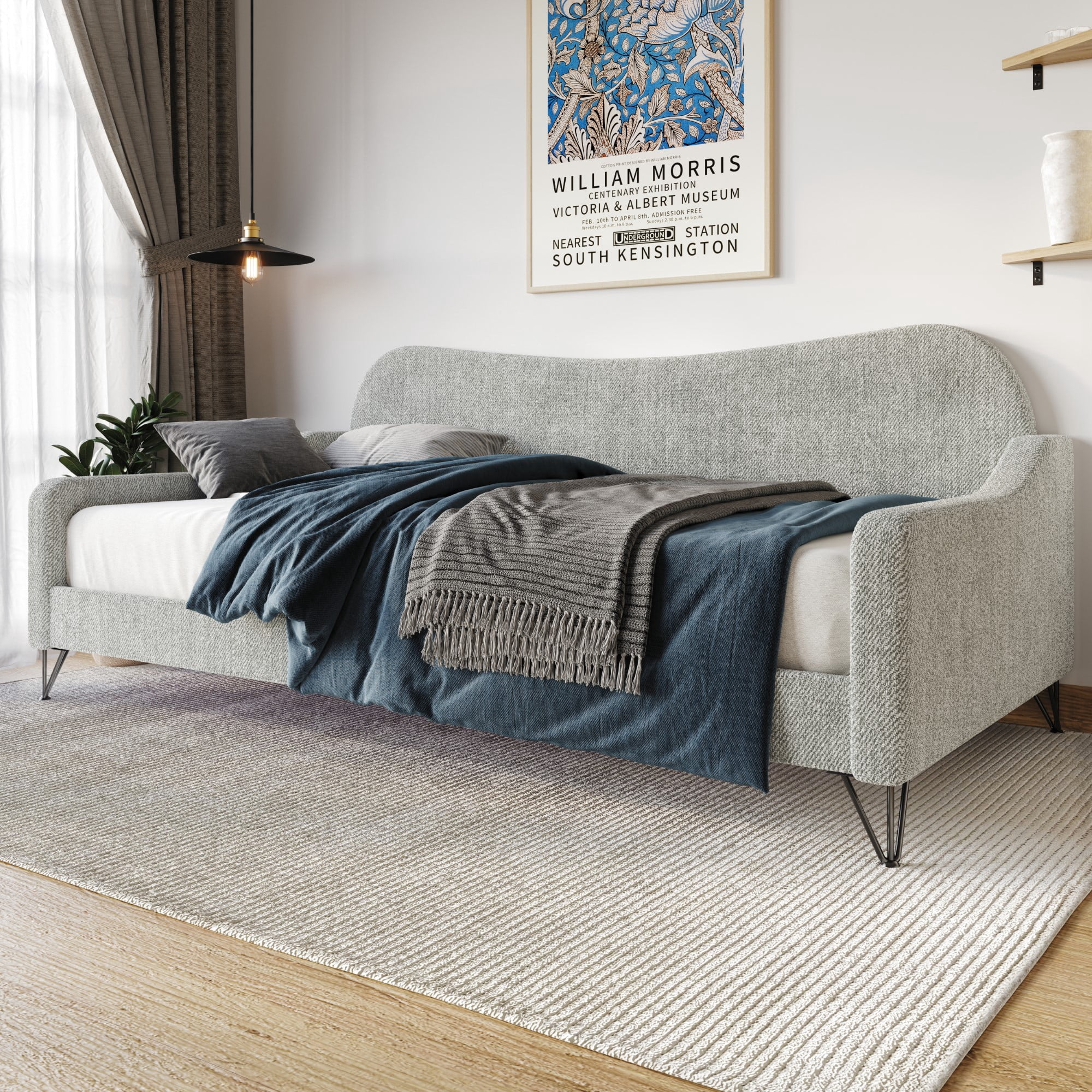 Home Design Natty Twin Daybed with Upholstered Frame, Elegant Backrest and Arms, Black Metal Legs, Stylish Seating and Sleeping Solution, Gray