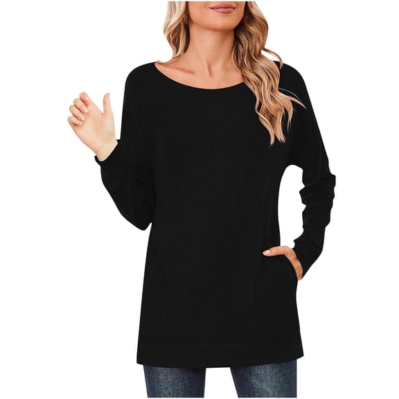 Womens Long Sleeve Tunic Tops with Pockets Casual Long Sleeve Shirts Plain Boat Neck Tshirt Loose Fit Basic Blouses Black M
