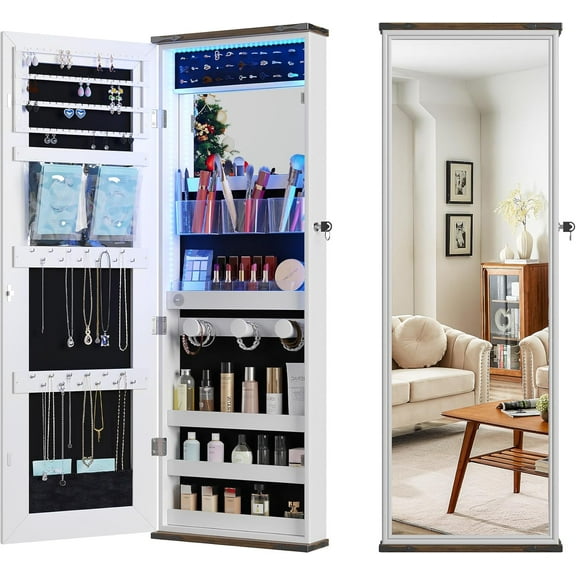 43.5 ″ Full Length Mirror with Storage, 3 Lights Adjustable & Wall/Door Mount | Space-Saving Cabinet for Bedroom, Closet or Entryway Jewellery Organizer (White)