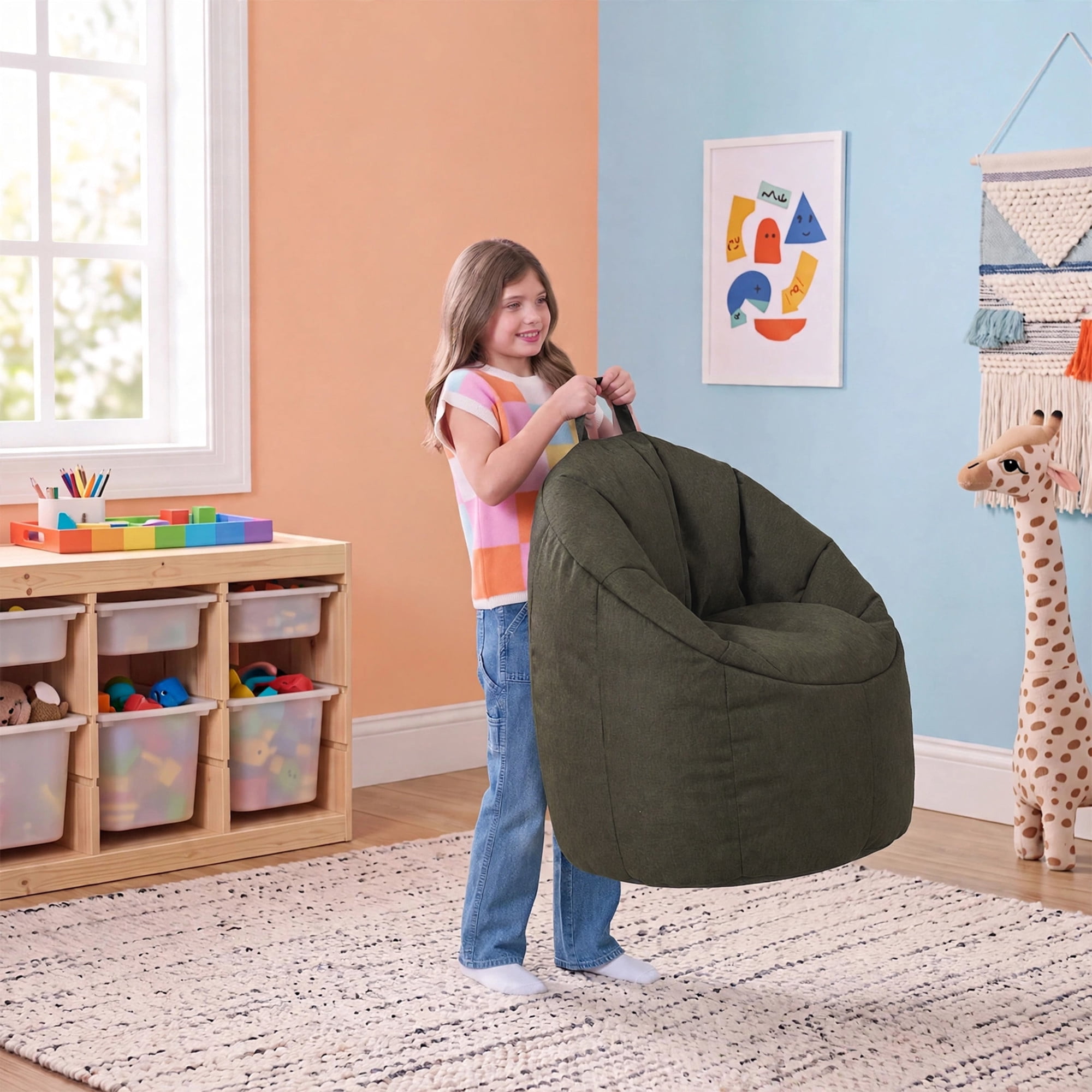 Big Joe Milano Lightweight Kids Bean Bag Chair, Dark Olive