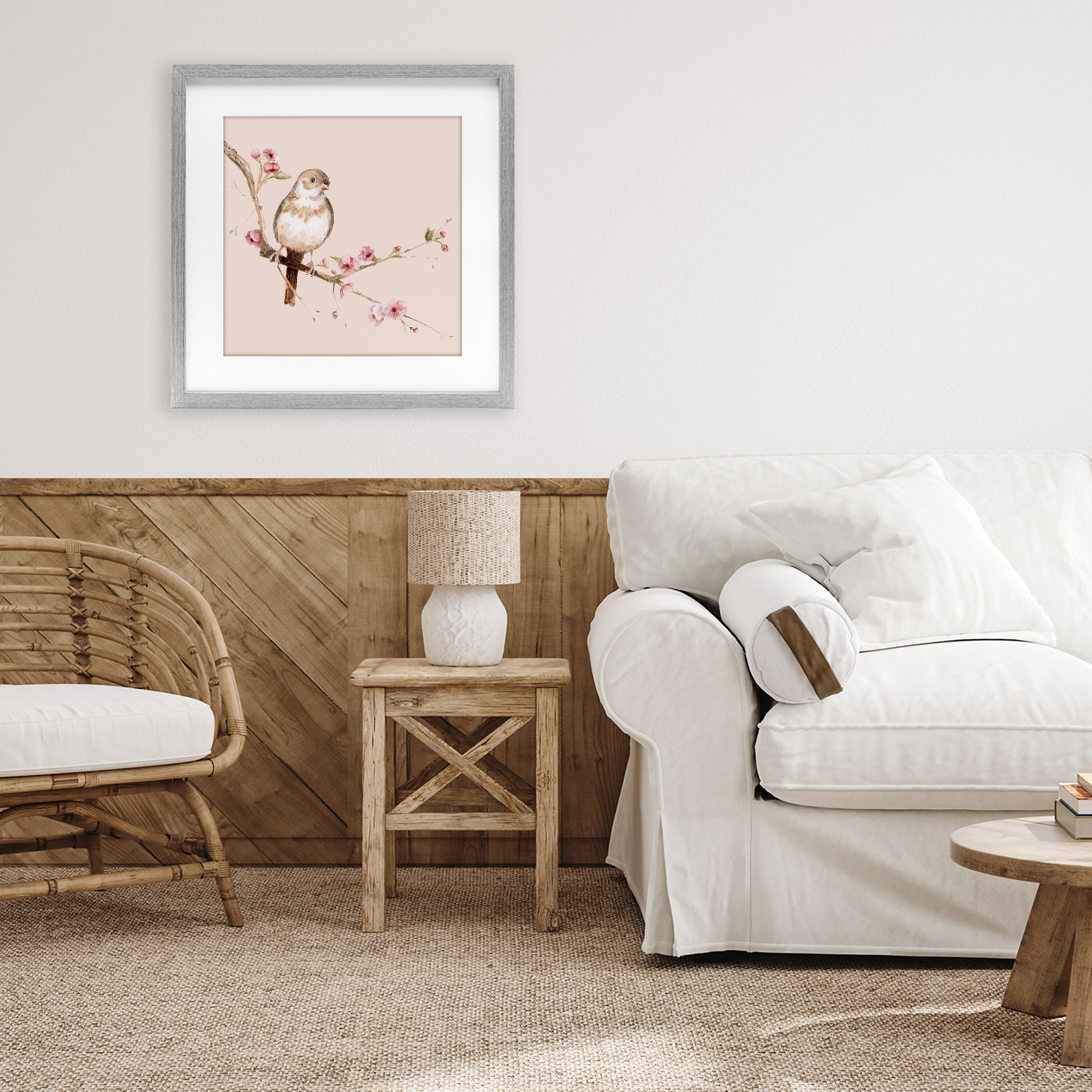 Sweetest Brown Bird Gray Framed Print Under Glass, design by Lisa Wehmeyer