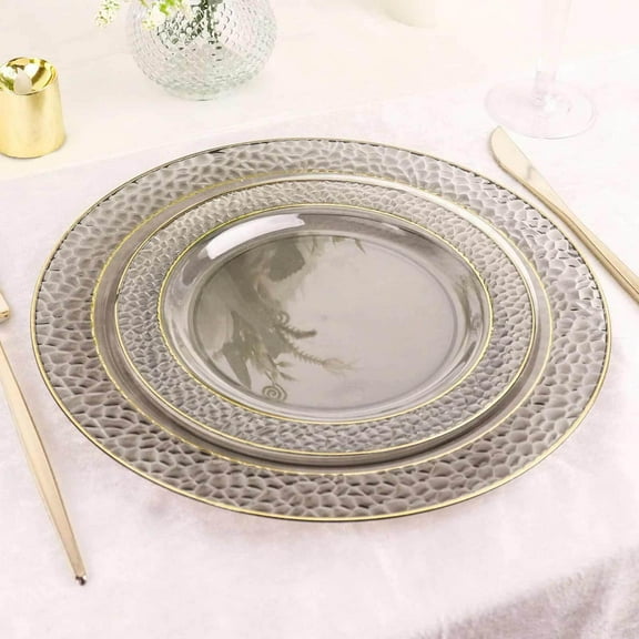 Efavormart 10 Pack | 7.5" Opaque Black & Gold Rim Plastic Dessert Appetizer Plates, Round Salad Plates with Hammered Print Design