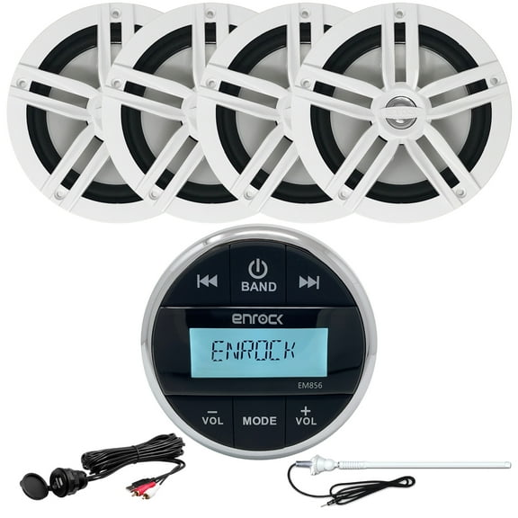 Enrock Gauge Style Media Center Marine Grade Bluetooth Receiver, 4 x Enrock 2-Way High-Performance 6.5" Water-Resistant Loudspeakers (White), AUX Interface Mount, Radio Antenna