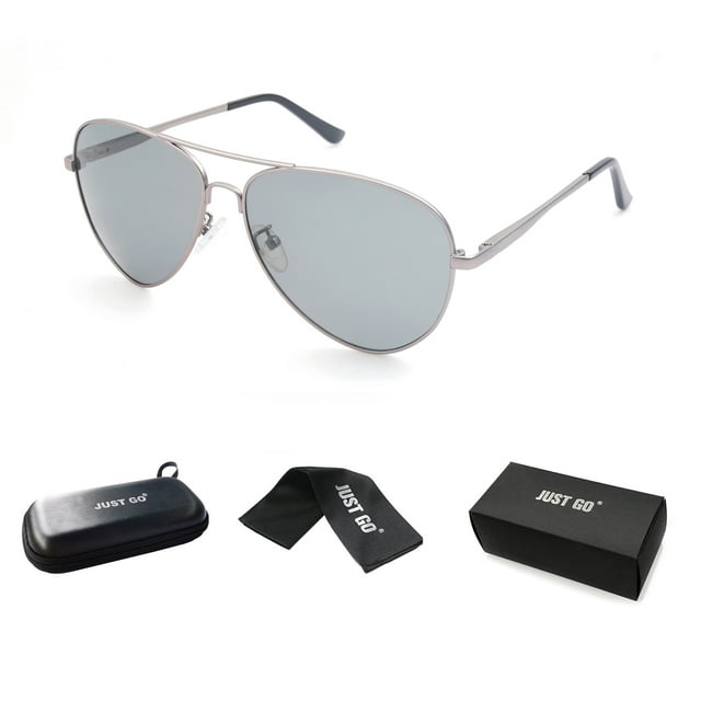 JUST GO Metal Frame Vintage Aviator Style Sunglasses with Case, Polarized Lenses, 100% UV Protection, Matte Gunmetal, Grey