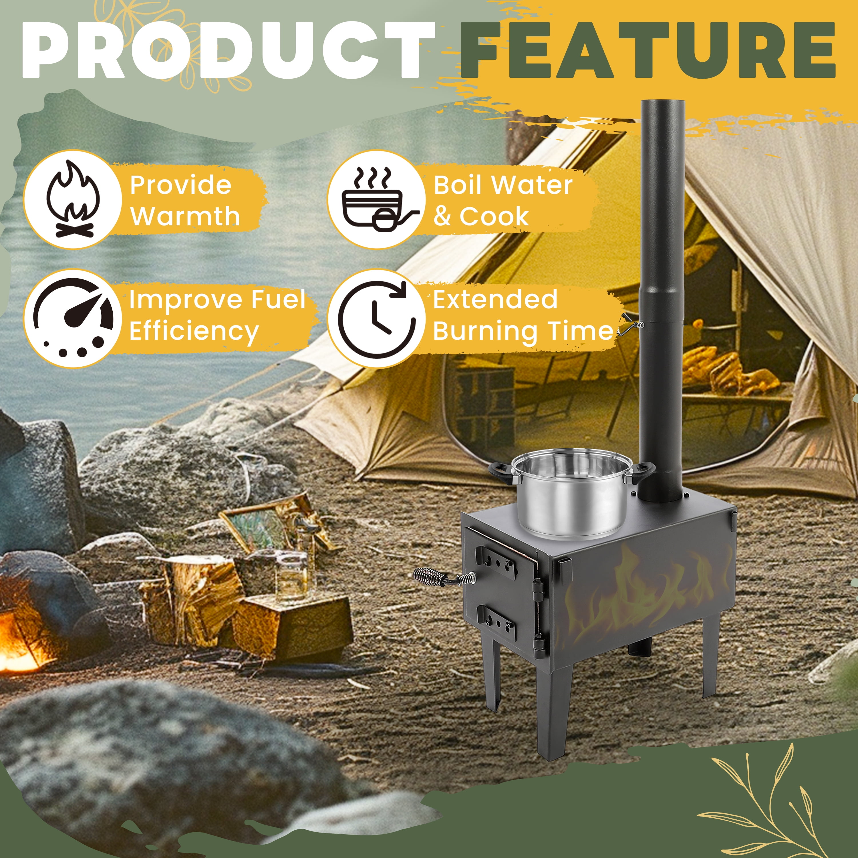 Kojem Wood Burning Stove Tent Camping Stove for Outdoor Cooking Fishing Hiking Travel Portable Heater W/Storable Chimney Pipes