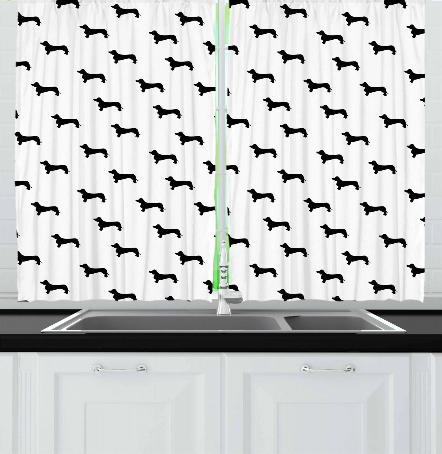 Dog Lover Curtains 2 Panels Set, Monochrome Dachshund Silhouettes Breed