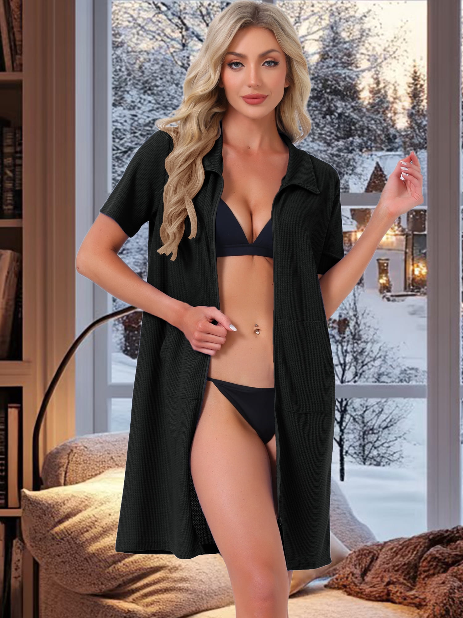 DARING DIVA Women's Zipper Robes Waffle Short Sleeve Bathrobe with Pockets S Black