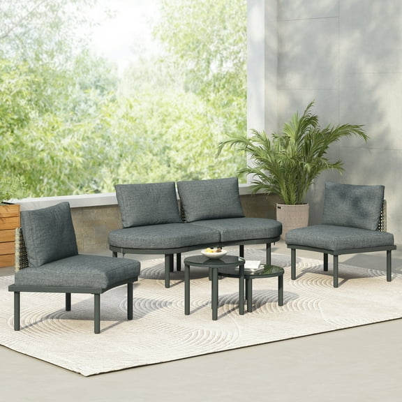 6-Piece Patio Sofa Furniture Set, Half Moon Outdoor Sectional Sofa with 2 High-Low Coffee Tables, PE Wicker Rattan, Tempered Glass, 4 Pillows & Cushions, for Backyard, Garden, Poolside,Gray 43608
