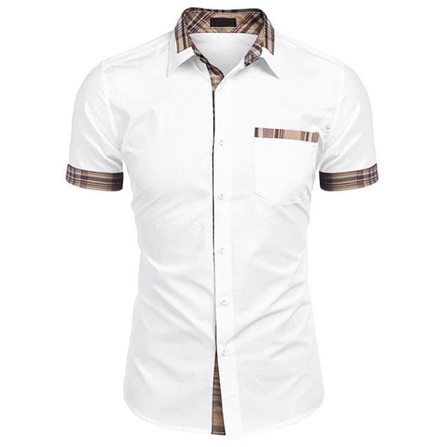 Camisa de vestir de Manga Corta de Algodón Lars Amadeus para hombre Con botones y cuello a cuadros blanco XL
