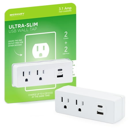 Merkury Innovations Ultra-Slim USB Wall Tap, 2 AC Outlets, 1 USB-A & 1 USB-C, 3.1A Fast Charging