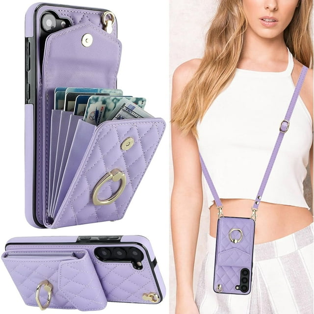 KOMI for Samsung Galaxy S23 Plus / S23+ Crossbody Wallet Case, PU Leather with Card Holder Kickstand Lanyard Cover for Women Case for Samsung Galaxy S23 Plus.Lanyard Purple