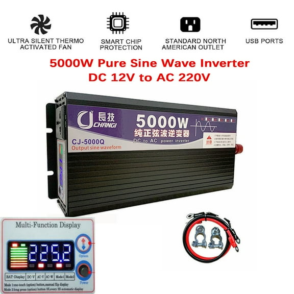 Eurhowing 5000W Pure Sine Wave Power Inverter DC 12V to AC 220V, with LCD Display & AC Outlets & USB Ports, Low Noise for RV Truck Home Solar System