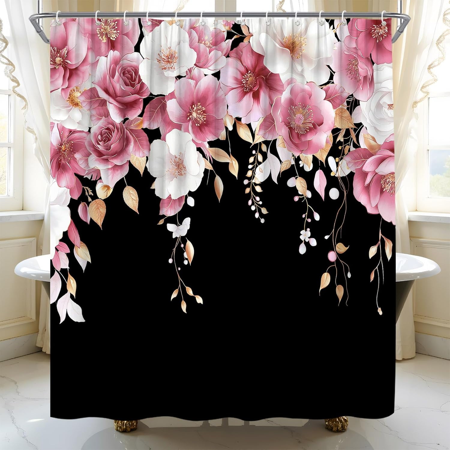 Pink and Black Floral Shower Curtain Pink Flower Watercolor Plant Rose Eucalyptus Leaf Spring Summer Botanical Fabric Bathroom Curtain Set with Hooks 72"W x 72"L (Pack of 1)