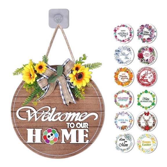 ZPAQI Interchangeable Wooden Sign Flower Wreath with 12 Seasonal Holiday Pieces Ornament Easter Christmas Front Door Porch Rustic Hanging Plaque Farmhouse Decoration